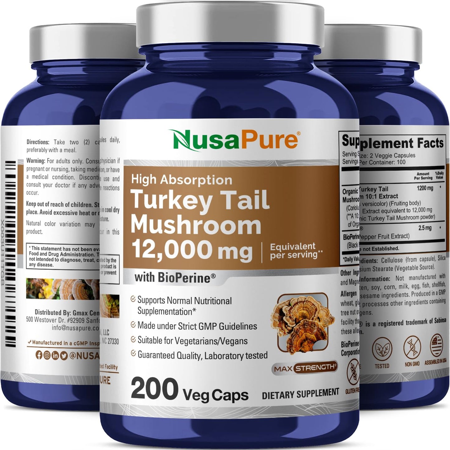 NusaPure Turkey Tail Mushroom Capsules, 10:1 Extract, 1200 mg Equivalent to 12,000mg, 200 Vcaps, Non-GMO, Gluten Free, Bioperine - Maple Wellness Supplements