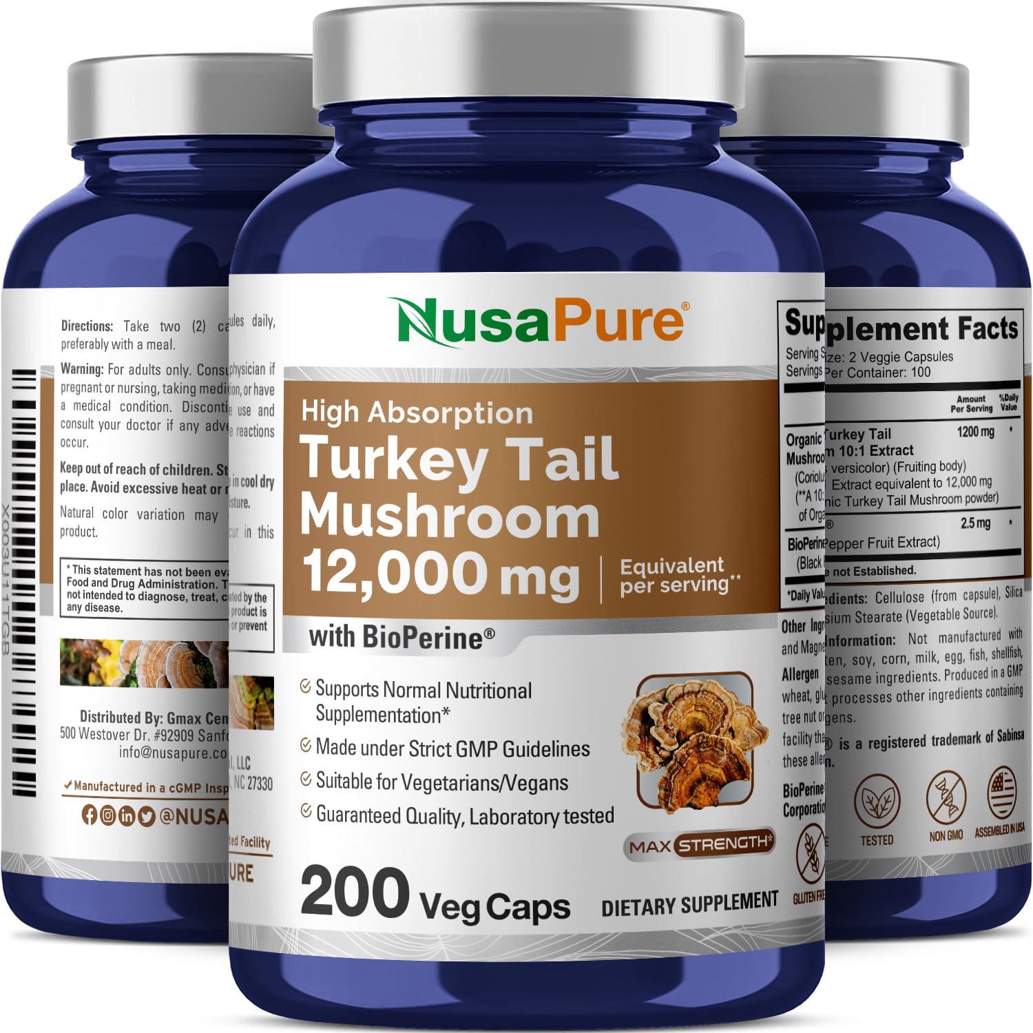 NusaPure Turkey Tail Mushroom Capsules, 10:1 Extract, 1200 mg Equivalent to 12,000mg, 200 Vcaps, Non-GMO, Gluten Free, Bioperine - Maple Wellness Supplements