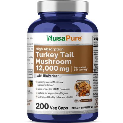 NusaPure Turkey Tail Mushroom Capsules, 10:1 Extract, 1200 mg Equivalent to 12,000mg, 200 Vcaps, Non-GMO, Gluten Free, Bioperine - Maple Wellness Supplements