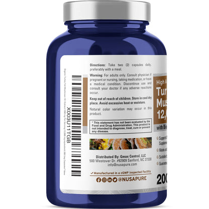 NusaPure Turkey Tail Mushroom Capsules, 10:1 Extract, 1200 mg Equivalent to 12,000mg, 200 Vcaps, Non-GMO, Gluten Free, Bioperine - Maple Wellness Supplements