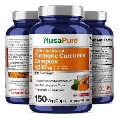 NusaPure Turmeric Curcumin Complex 4,500mg per caps, 150 caps, Non-GMO, Gluten-Free, & Bioperine - Maple Wellness Supplements