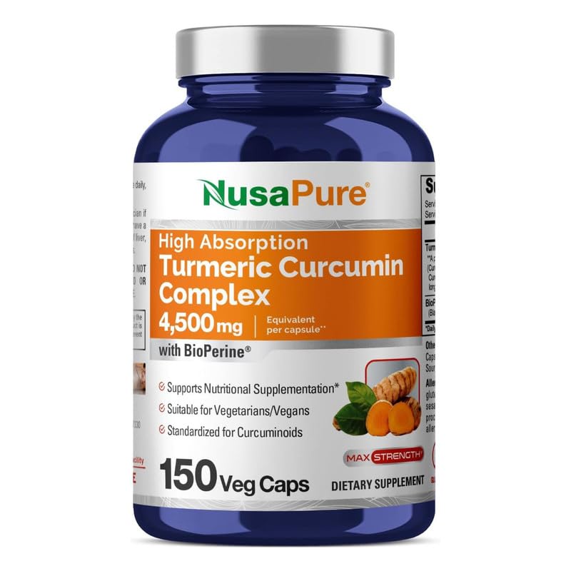 NusaPure Turmeric Curcumin Complex 4,500mg per caps, 150 caps, Non-GMO, Gluten-Free, & Bioperine - Maple Wellness Supplements