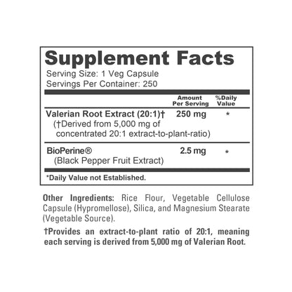 NusaPure Valerian Root 20:1 Extract, 250 mg Equivalent to 5000mg Per Veggie Caps, 250 Count, Vegan, Non-GMO, Bioperine - Maple Wellness Supplements