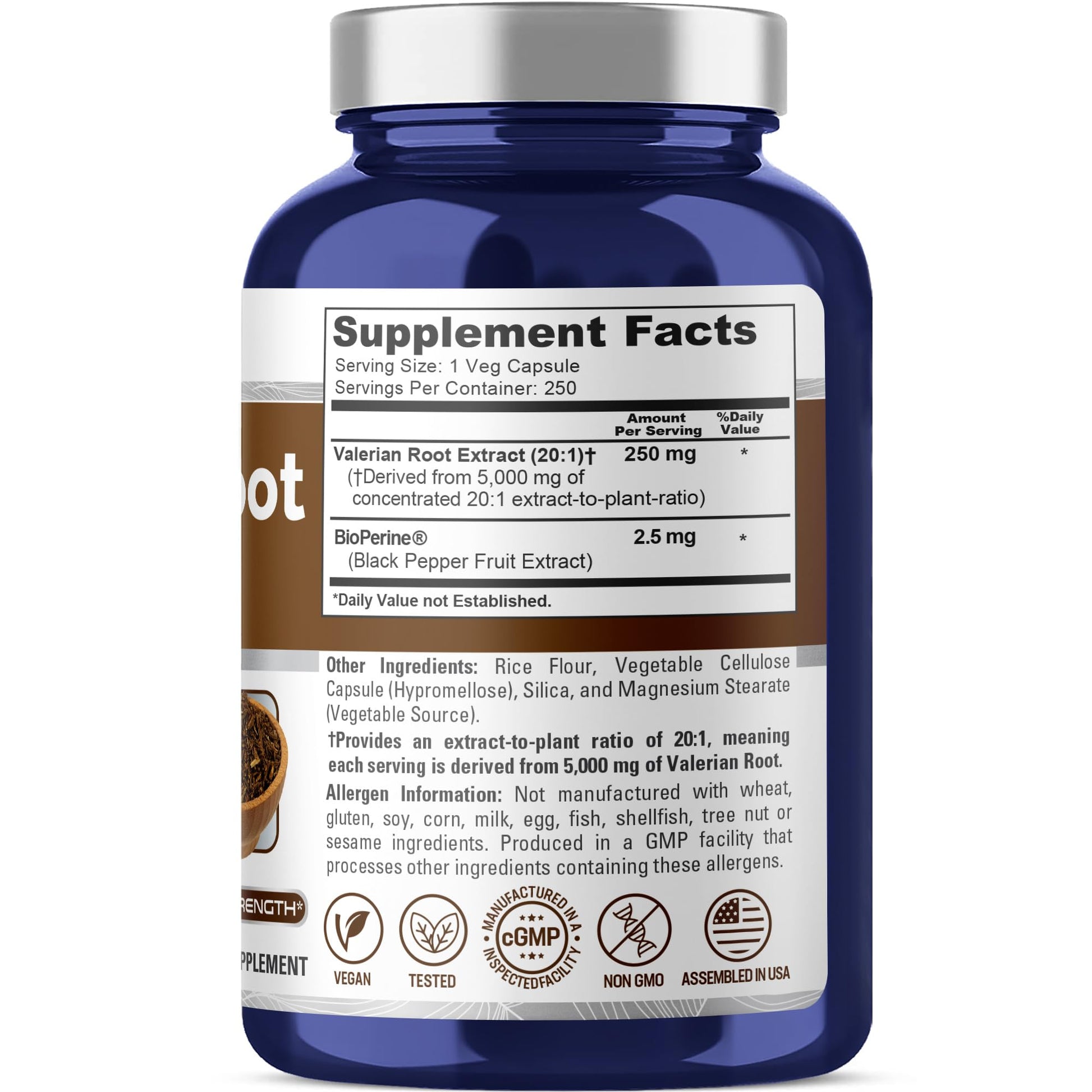 NusaPure Valerian Root 20:1 Extract, 250 mg Equivalent to 5000mg Per Veggie Caps, 250 Count, Vegan, Non-GMO, Bioperine - Maple Wellness Supplements