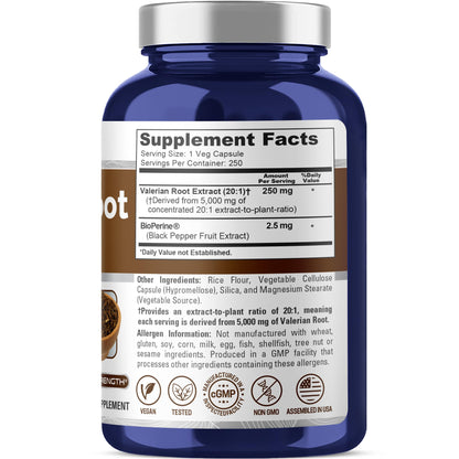 NusaPure Valerian Root 20:1 Extract, 250 mg Equivalent to 5000mg Per Veggie Caps, 250 Count, Vegan, Non-GMO, Bioperine - Maple Wellness Supplements
