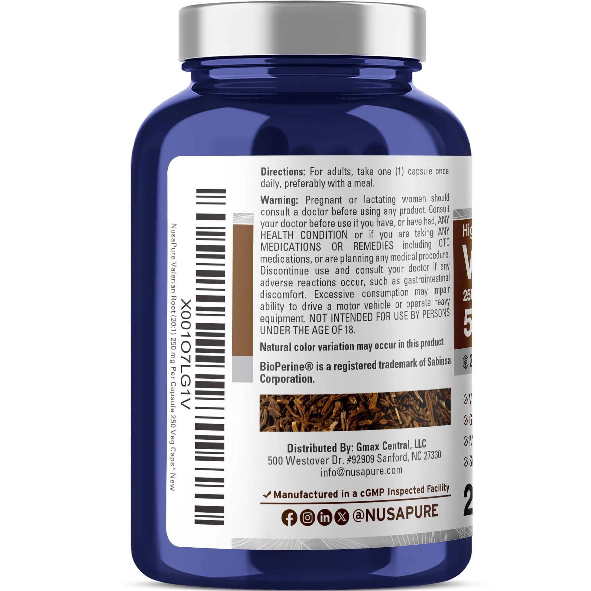 NusaPure Valerian Root 20:1 Extract, 250 mg Equivalent to 5000mg Per Veggie Caps, 250 Count, Vegan, Non-GMO, Bioperine - Maple Wellness Supplements