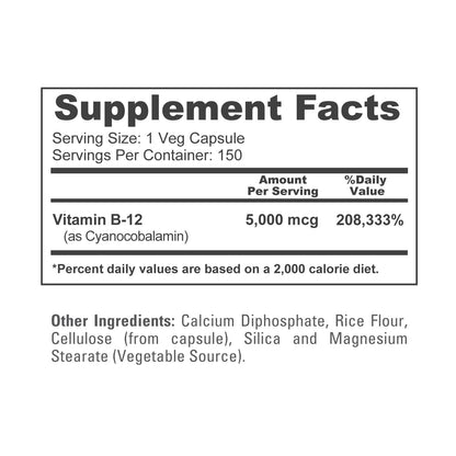 NusaPure Vitamin B12-5000 MCG 150 Veggie Capsules (Non-GMO, Vegan) - Max Strength Vitamin B12 - Maple Wellness Supplements