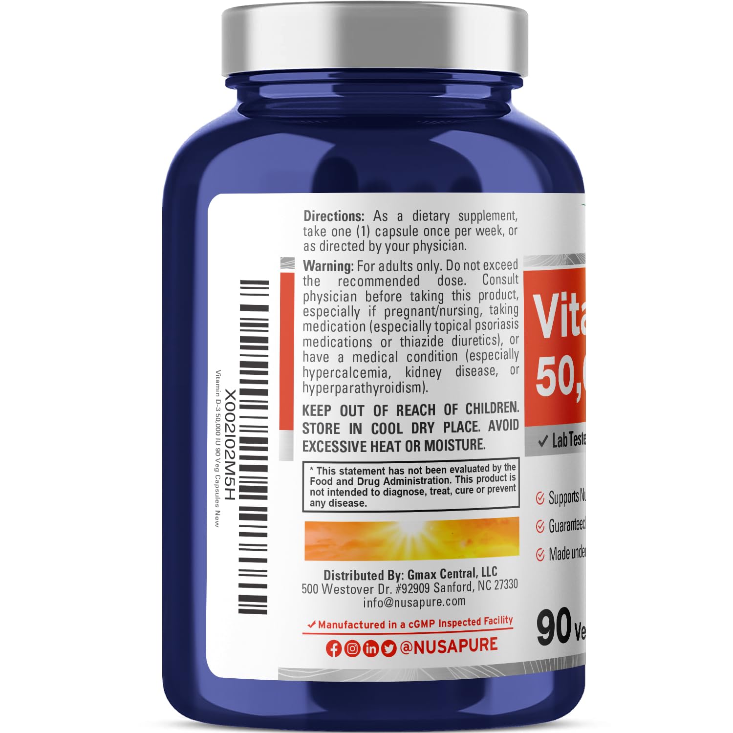 NusaPure Vitamin D3 50,000 IU 90 Veggie Capsules (Non-GMO & Vegan) - Maple Wellness Supplements