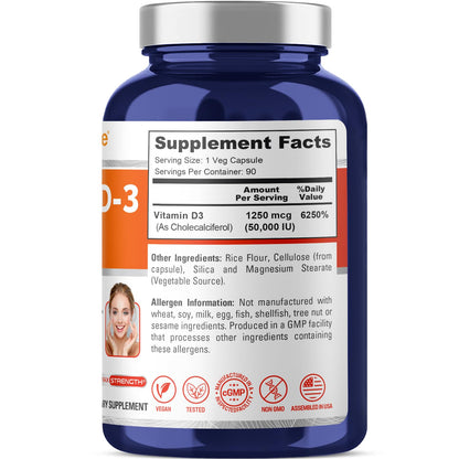 NusaPure Vitamin D3 50,000 IU 90 Veggie Capsules (Non-GMO & Vegan) - Maple Wellness Supplements