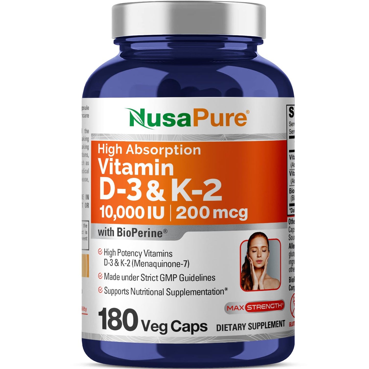 NusaPure Vitamin K2 (MK7) (200mcg) + Vitamin D3 (10000 IU) 180 Veg Caps - Bioperine, Soyfree, Non-GMO - Maple Wellness Supplements