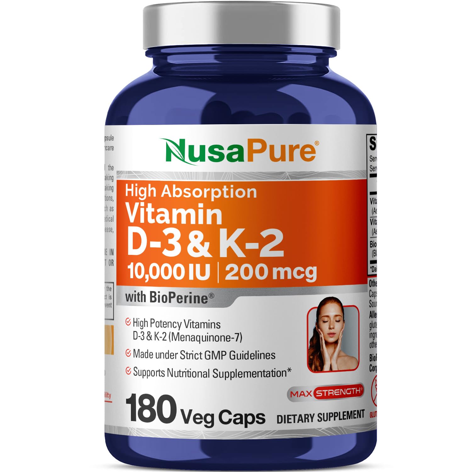 NusaPure Vitamin K2 (MK7) (200mcg) + Vitamin D3 (10000 IU) 180 Veg Caps - Bioperine, Soyfree, Non-GMO - Maple Wellness Supplements