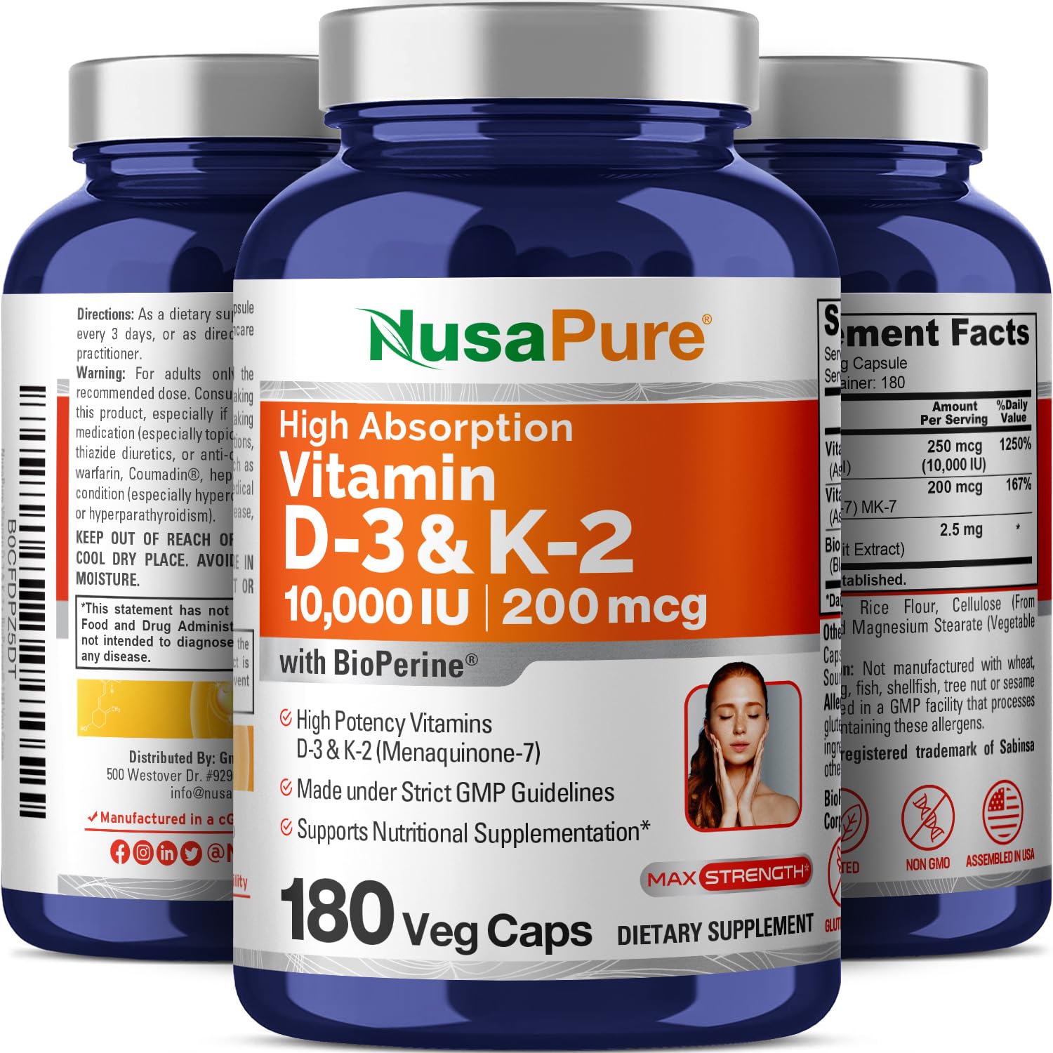 NusaPure Vitamin K2 (MK7) (200mcg) + Vitamin D3 (10000 IU) 180 Veg Caps - Bioperine, Soyfree, Non-GMO - Maple Wellness Supplements