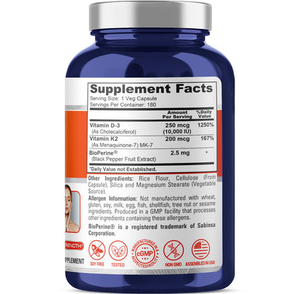 NusaPure Vitamin K2 (MK7) (200mcg) + Vitamin D3 (10000 IU) 180 Veg Caps - Bioperine, Soyfree, Non-GMO - Maple Wellness Supplements
