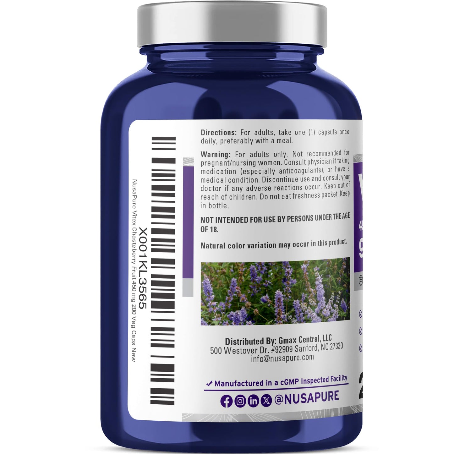 NusaPure Vitex Chasteberry Fruit 20:1 Extract, 450 mg Equivalent to 9,000 mg 200 Vegan Capsules - Non-GMO, Vegan Dietary Supplement - Maple Wellness Supplements