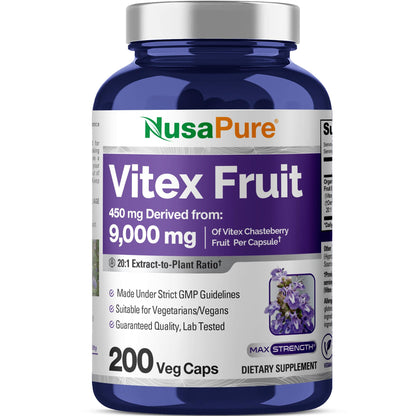 NusaPure Vitex Chasteberry Fruit 20:1 Extract, 450 mg Equivalent to 9,000 mg 200 Vegan Capsules - Non-GMO, Vegan Dietary Supplement - Maple Wellness Supplements