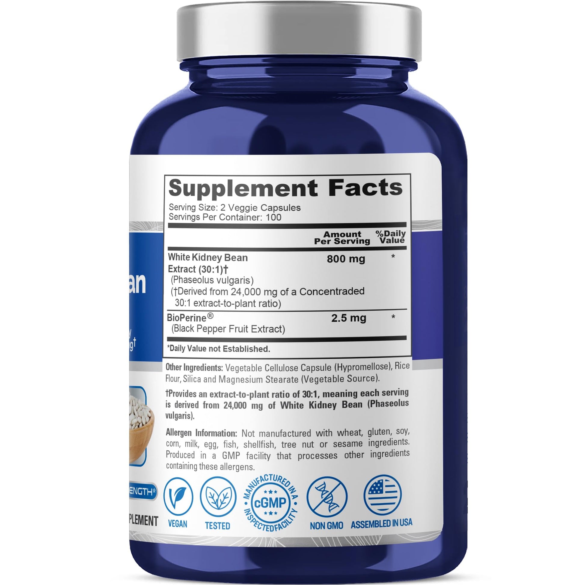 NusaPure White Kidney Beans 30:1 Extract, 800 mg Equivalent to 24,000 mg 200 Vegan Capsules - Bioperine - (Vegan, Non-GMO) - Maple Wellness Supplements