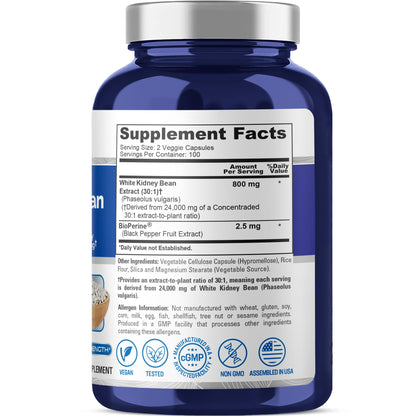 NusaPure White Kidney Beans 30:1 Extract, 800 mg Equivalent to 24,000 mg 200 Vegan Capsules - Bioperine - (Vegan, Non-GMO) - Maple Wellness Supplements