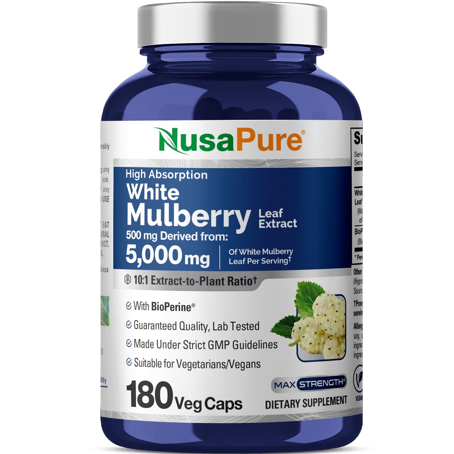 NusaPure White Mulberry Leaf Extract 10:1 Extract, 500 mg Equivalent to 5000mg 180 Veg Caps (Vegan, Non GMO Bioperine) - Maple Wellness Supplements