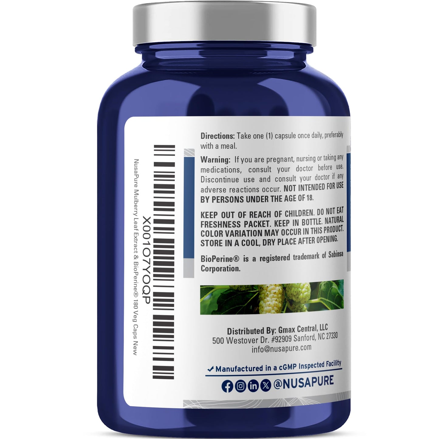 NusaPure White Mulberry Leaf Extract 10:1 Extract, 500 mg Equivalent to 5000mg 180 Veg Caps (Vegan, Non GMO Bioperine) - Maple Wellness Supplements