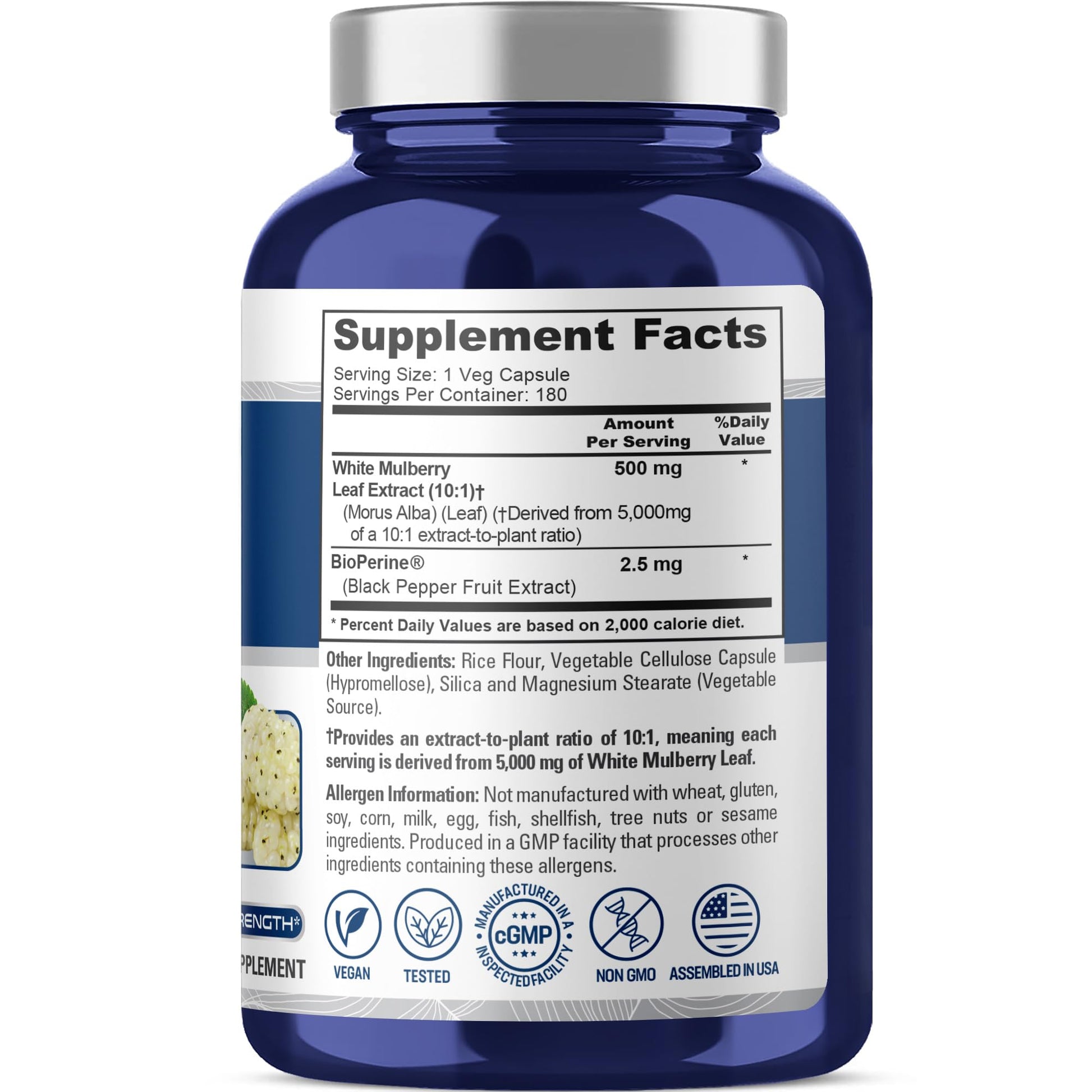 NusaPure White Mulberry Leaf Extract 10:1 Extract, 500 mg Equivalent to 5000mg 180 Veg Caps (Vegan, Non GMO Bioperine) - Maple Wellness Supplements