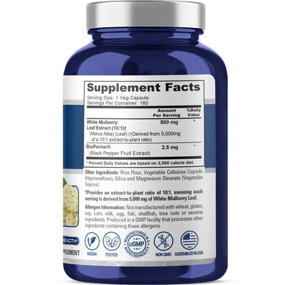 NusaPure White Mulberry Leaf Extract 10:1 Extract, 500 mg Equivalent to 5000mg 180 Veg Caps (Vegan, Non GMO Bioperine) - Maple Wellness Supplements