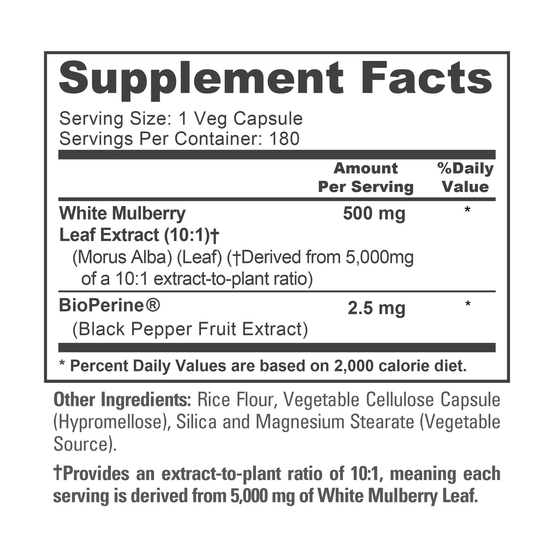 NusaPure White Mulberry Leaf Extract 10:1 Extract, 500 mg Equivalent to 5000mg 180 Veg Caps (Vegan, Non GMO Bioperine) - Maple Wellness Supplements