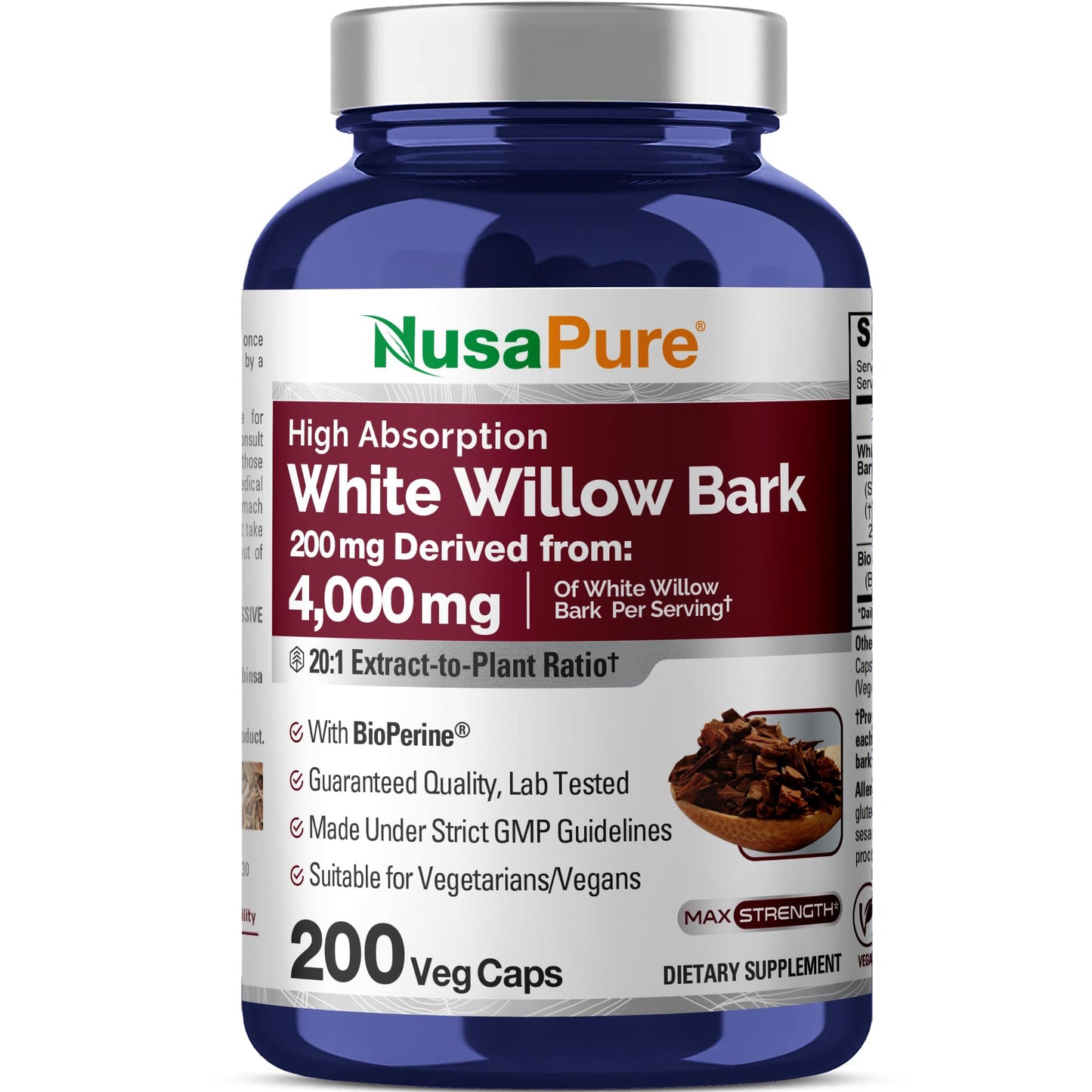 NusaPure White Willow Bark 20:1 Extract, 200 mg Equivalent to 4000mg, 200 Veggie Capsules, Max Strength, (Non-GMO, Vegan) - Maple Wellness Supplements