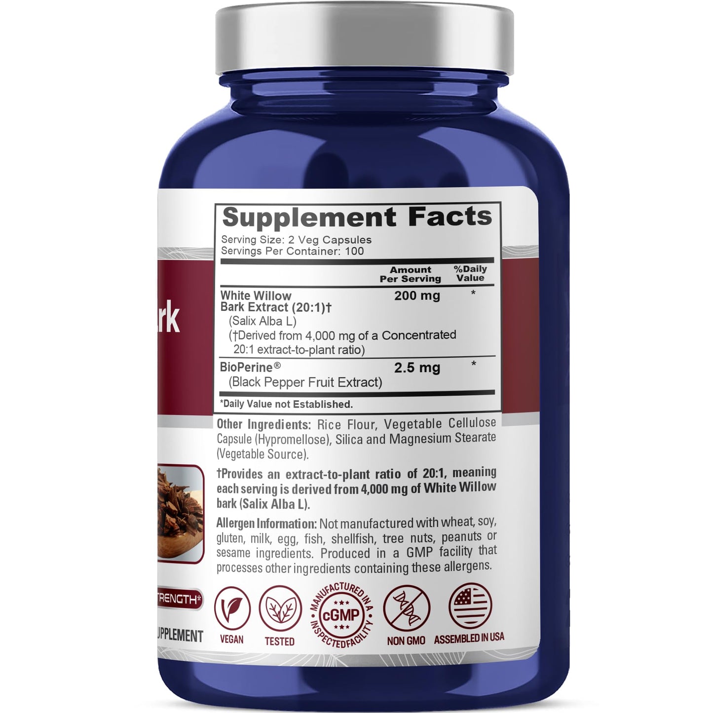 NusaPure White Willow Bark 20:1 Extract, 200 mg Equivalent to 4000mg, 200 Veggie Capsules, Max Strength, (Non-GMO, Vegan) - Maple Wellness Supplements