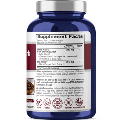 NusaPure White Willow Bark 20:1 Extract, 200 mg Equivalent to 4000mg, 200 Veggie Capsules, Max Strength, (Non-GMO, Vegan) - Maple Wellness Supplements