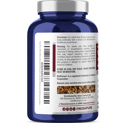 NusaPure White Willow Bark 20:1 Extract, 200 mg Equivalent to 4000mg, 200 Veggie Capsules, Max Strength, (Non-GMO, Vegan) - Maple Wellness Supplements