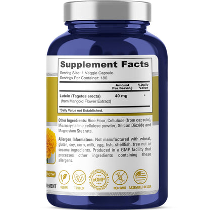 NusasPure Lutein - Suitable for Vegetarian/Vegan, Non - GMO - 40 mg - 180 Capsules - Maple Wellness Supplements