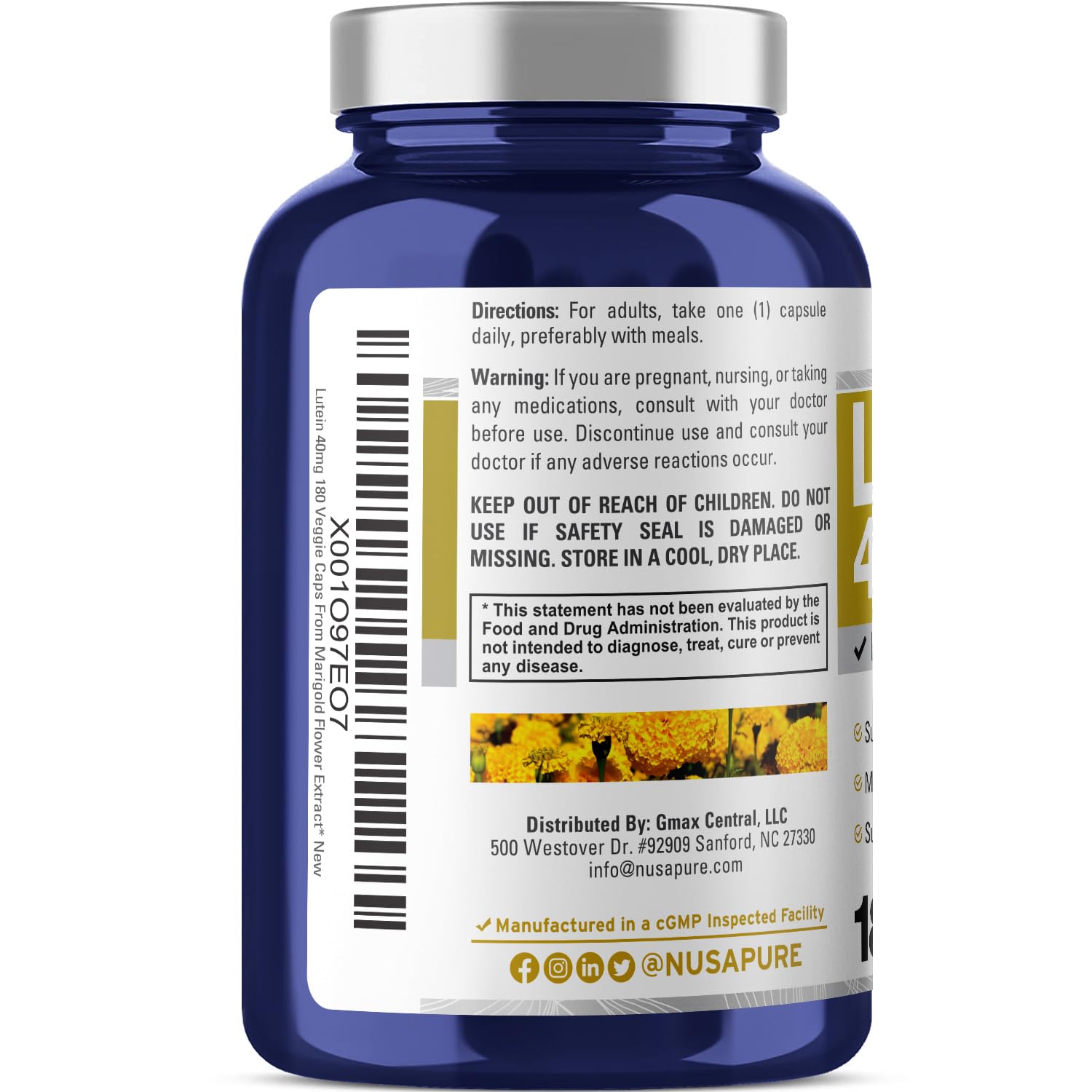 NusasPure Lutein - Suitable for Vegetarian/Vegan, Non - GMO - 40 mg - 180 Capsules - Maple Wellness Supplements
