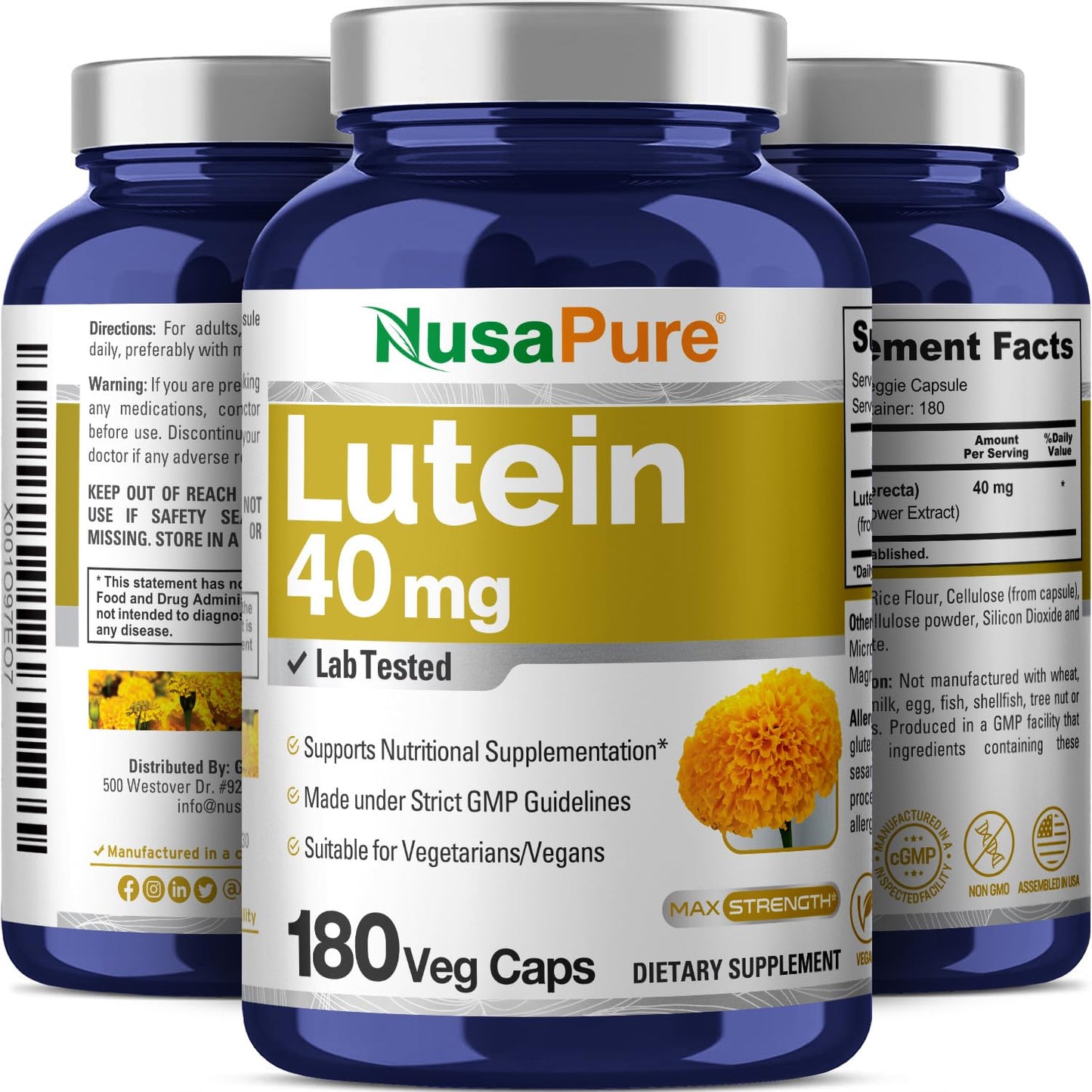 NusasPure Lutein - Suitable for Vegetarian/Vegan, Non - GMO - 40 mg - 180 Capsules - Maple Wellness Supplements