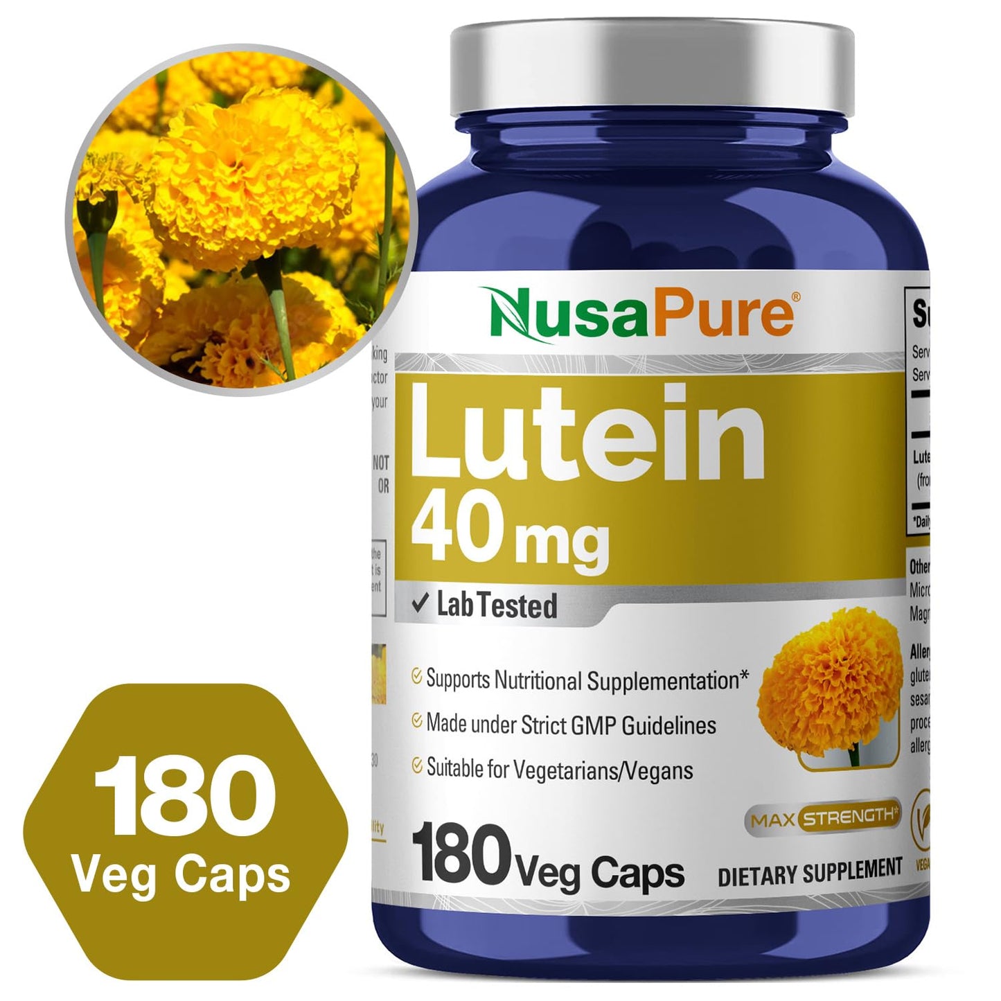 NusasPure Lutein - Suitable for Vegetarian/Vegan, Non - GMO - 40 mg - 180 Capsules - Maple Wellness Supplements