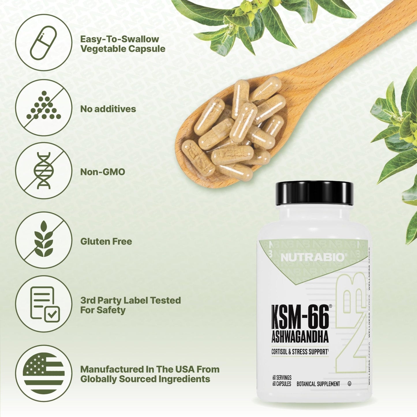NutraBio Ashwagandha KSM-66 | Ashwagandha Herbal Supplement for Stress, Mood, & Performance | 600 MG of Clinically Studied KSM66 60 Capsules - Maple Wellness Supplements