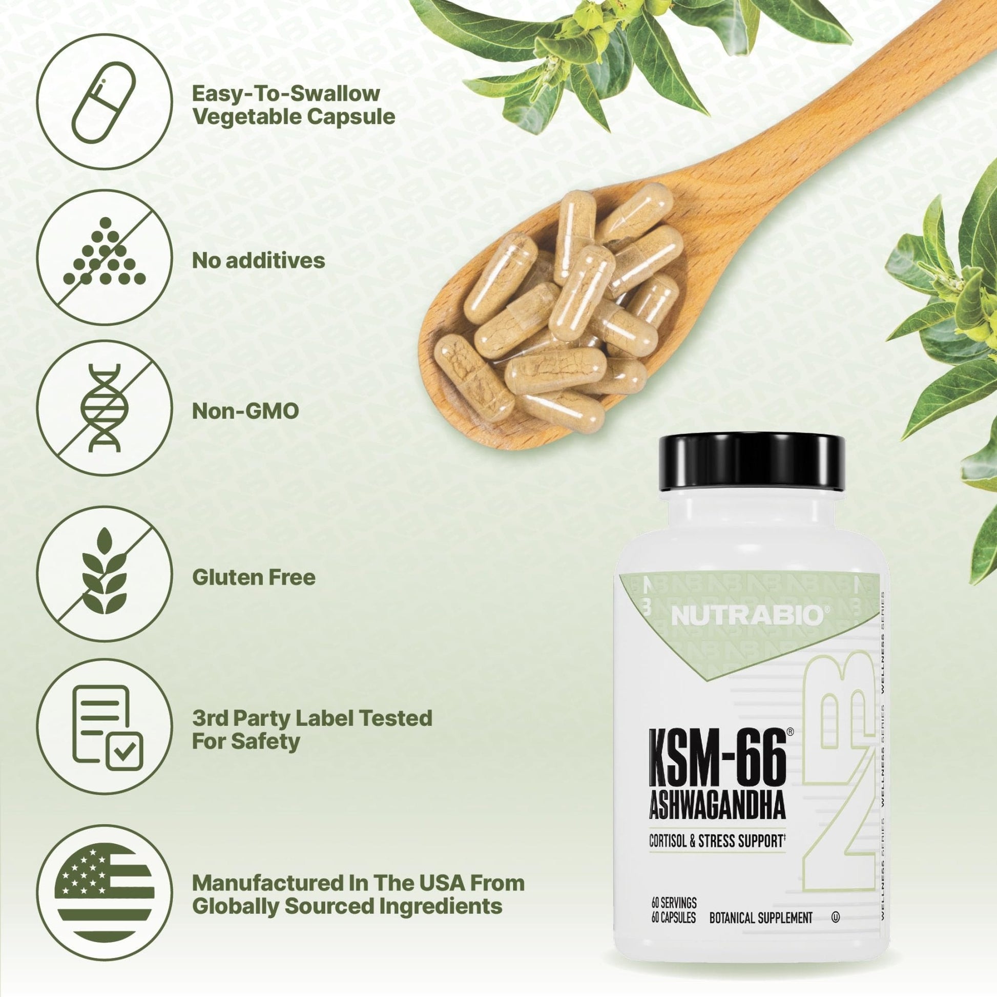 NutraBio Ashwagandha KSM-66 | Ashwagandha Herbal Supplement for Stress, Mood, & Performance | 600 MG of Clinically Studied KSM66 60 Capsules - Maple Wellness Supplements