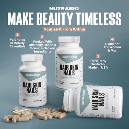 NutraBio Hair Skin Nails Vitamins | Enhanced Collagen Support | Skin Hydration | Hair Growth Vitamins for Women with Biotin, Keratin, Hyaluronic Acid & More - 90 Capsules - Maple Wellness Supplements