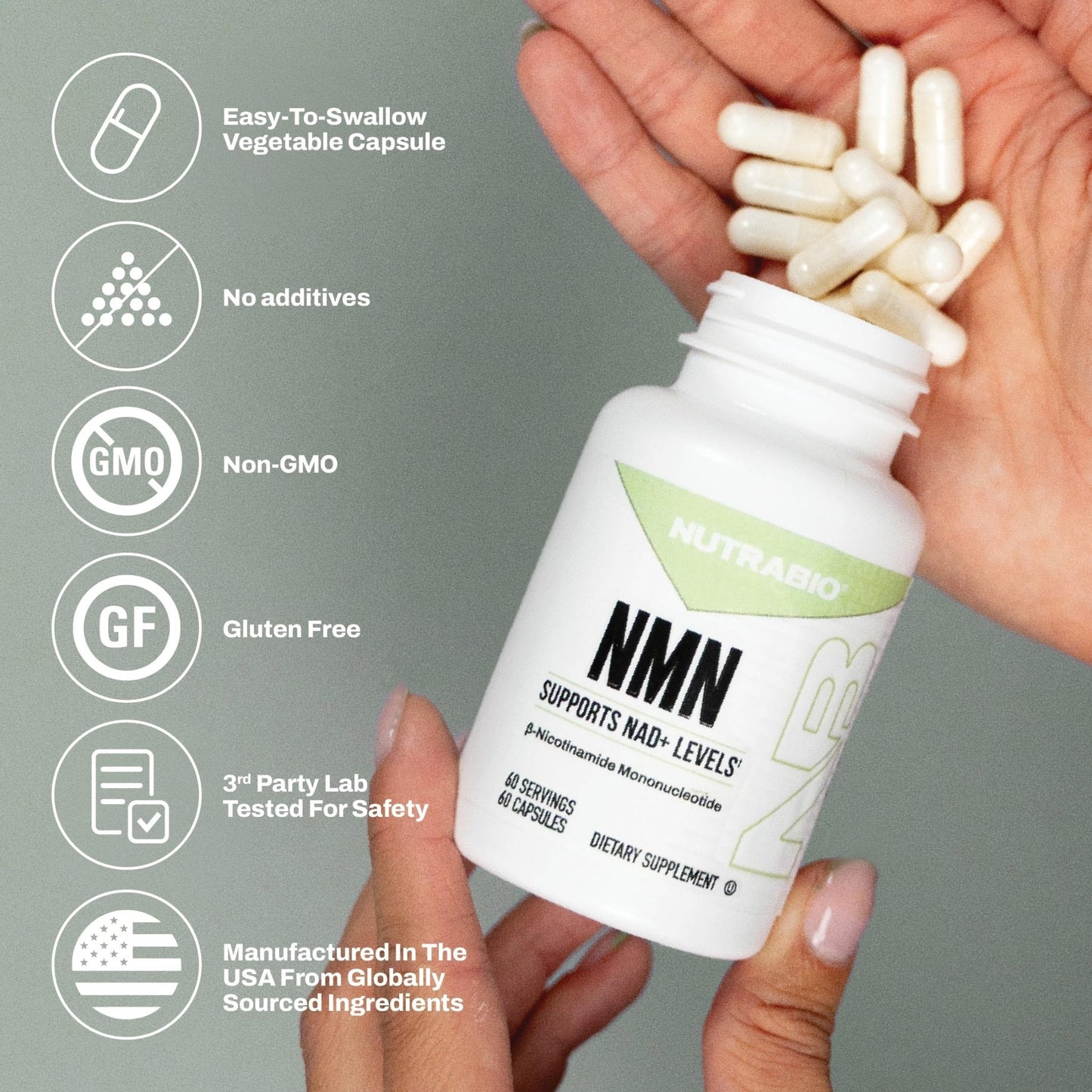 NutraBio NMN - NAD Supplement, Longevity Support, Boost NAD Levels, Increase Cellular Energy, Brain Health, Healthy Aging- 60 Servings- 60 Capsules - Maple Wellness Supplements
