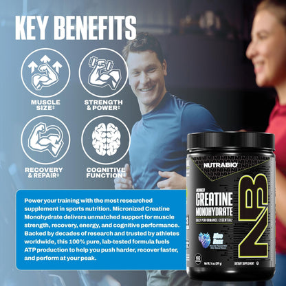 NutraBio Pure Micronized Creatine Monohydrate Powder Supplement, Blue Razz (300 g) - Supports Bulk Muscle Energy, Recovery, and Strength - HPLC Tested Creatine Powder Supplement for Men and Women - Maple Wellness Supplements