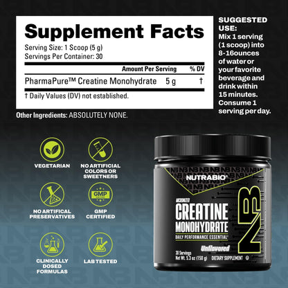 NutraBio Pure Micronized Creatine Monohydrate Powder Supplement, Unflavored, (150 g) - Supports Bulk Muscle Energy, Recovery, and Strength - HPLC Tested Creatine Powder Supplement for Men and Women - Maple Wellness Supplements
