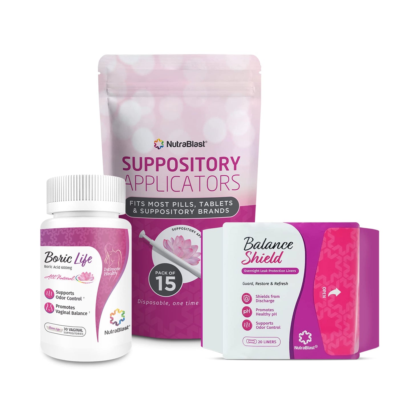NutraBlast Boric Acid Suppositories 600mg (30 Count) Bundle with Disposable Applicators (15-Pack) and Balance Shield Panty Liners (180mm, 20-Pack) - Maple Wellness Supplements