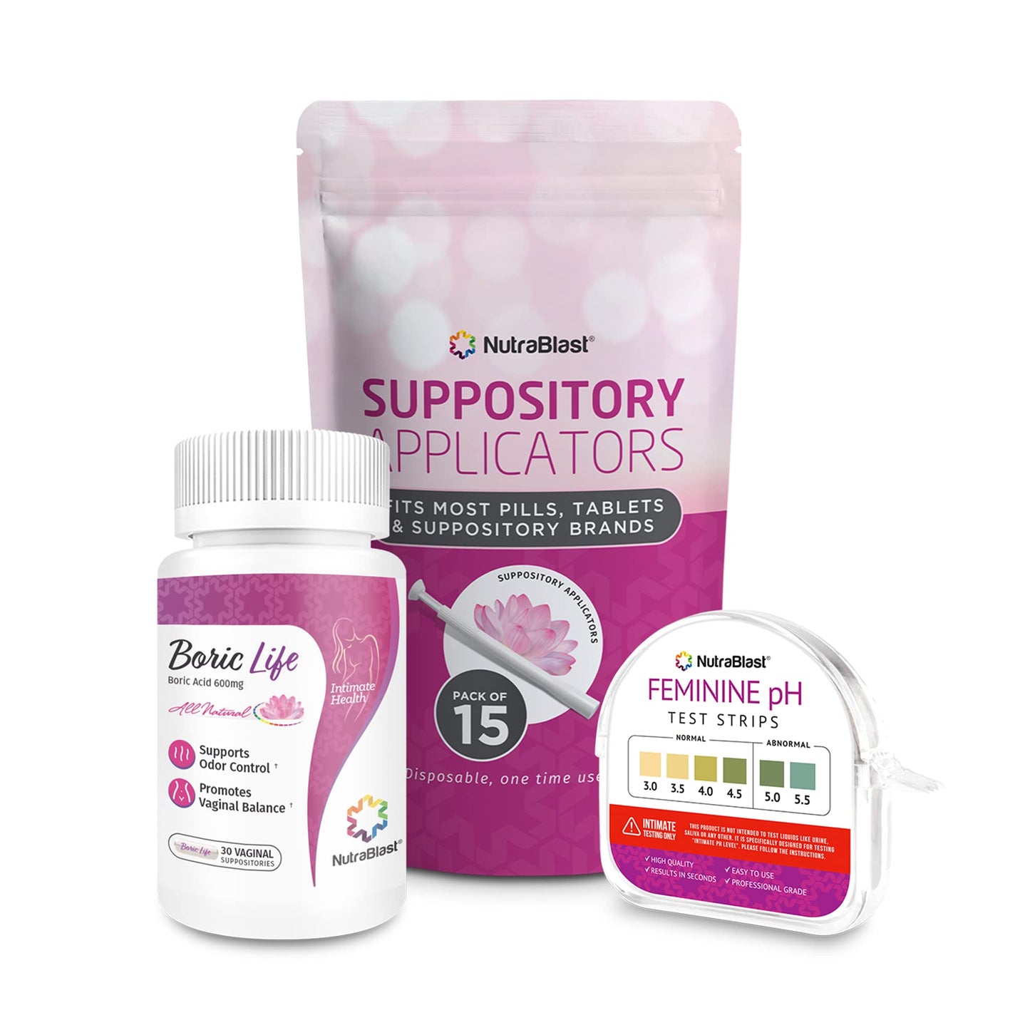 NutraBlast Boric Acid Suppositories 600mg (30 Count) Bundle with Disposable Suppository Applicators (15-Pack) and Feminine pH Test Strips 3.0-5.5 (100 Tests Roll) - Maple Wellness Supplements