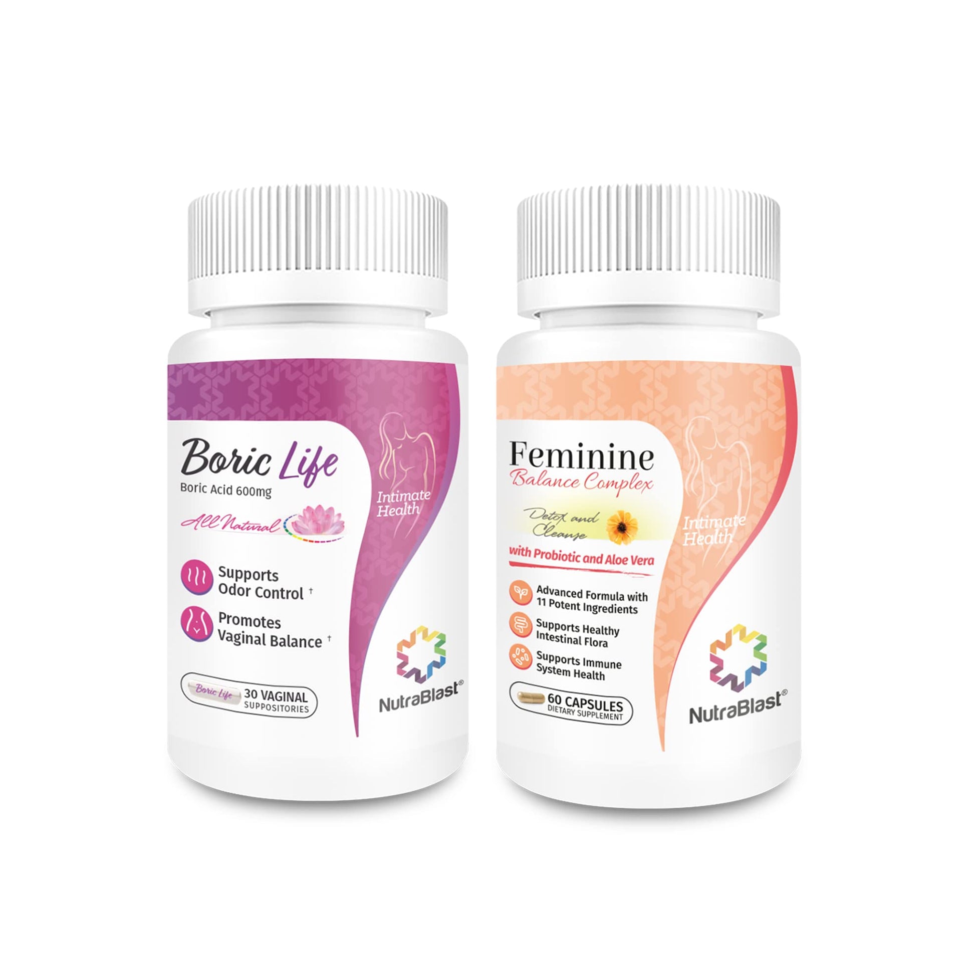 NutraBlast Boric Acid Suppositories 600mg (30 Count) Bundle with Feminine Balance Complex (60 Capsules) | Detox & Cleanse | Supports Healthy Intestinal Flora & Immune System - Maple Wellness Supplements