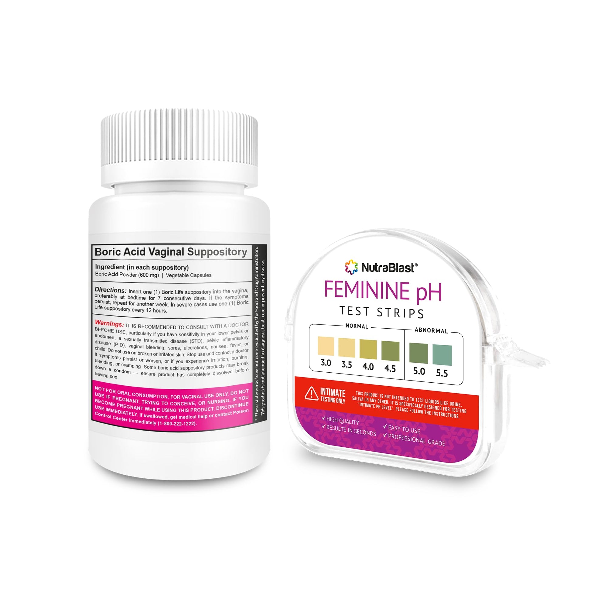 NutraBlast Boric Acid Suppositories 600mg (30 Count) Bundle with Feminine pH Test Strips 3.0-5.5 (100 Tests Roll) | Monitor Intimate Health | Accurate Women’s Acidity & Alkalinity - Maple Wellness Supplements