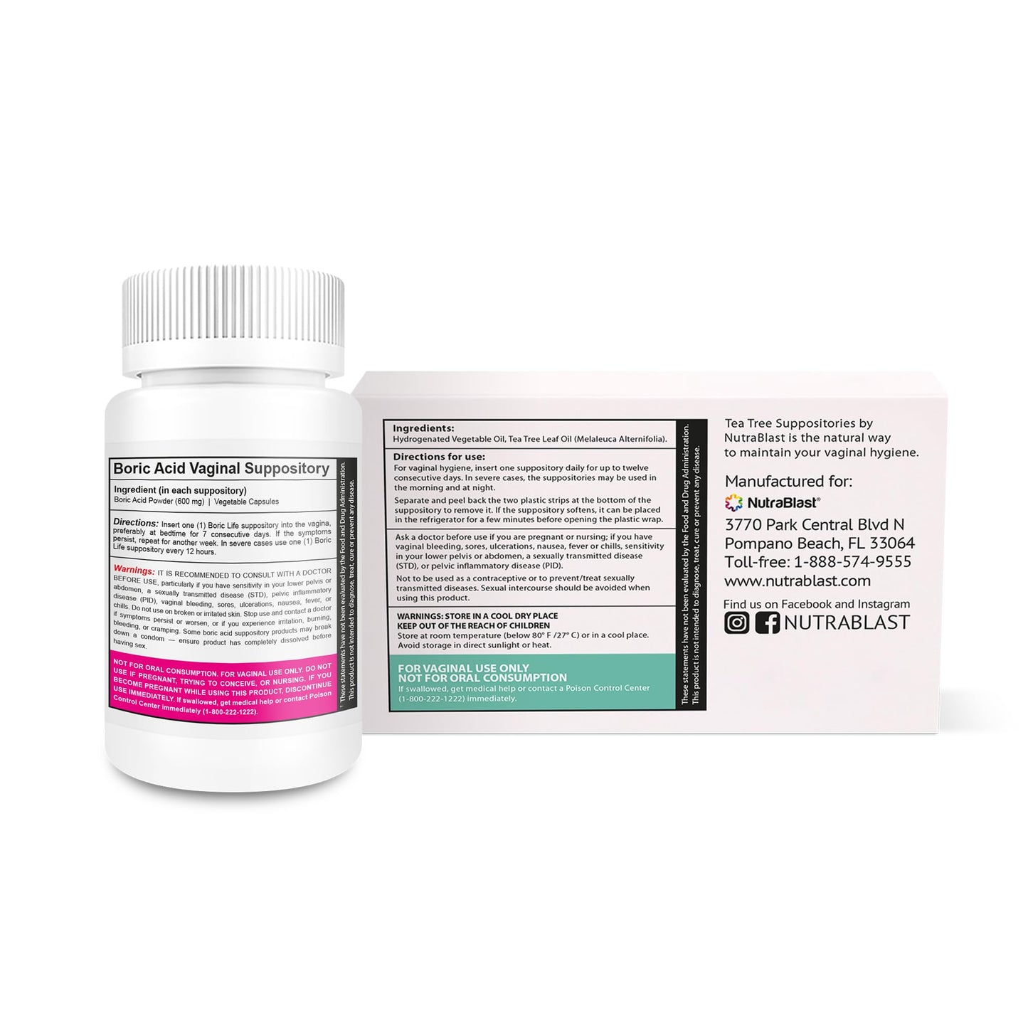 NutraBlast Boric Acid Suppositories 600mg (30 Count) Bundle with Tea Tree Oil Suppositories (12 Count) | All Natural Intimate Deodorant for Women | Restore Feminine pH Balance - Maple Wellness Supplements