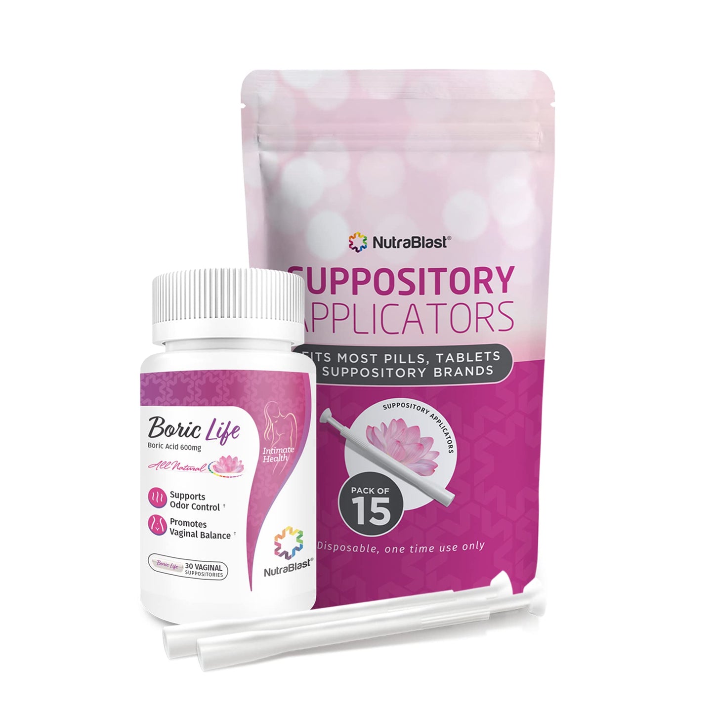NutraBlast Boric Acid Suppositories 600mg Bundle with Applicator, 30 Suppositories & 15 Applicators - Feminine Care - Made in USA - Maple Wellness Supplements