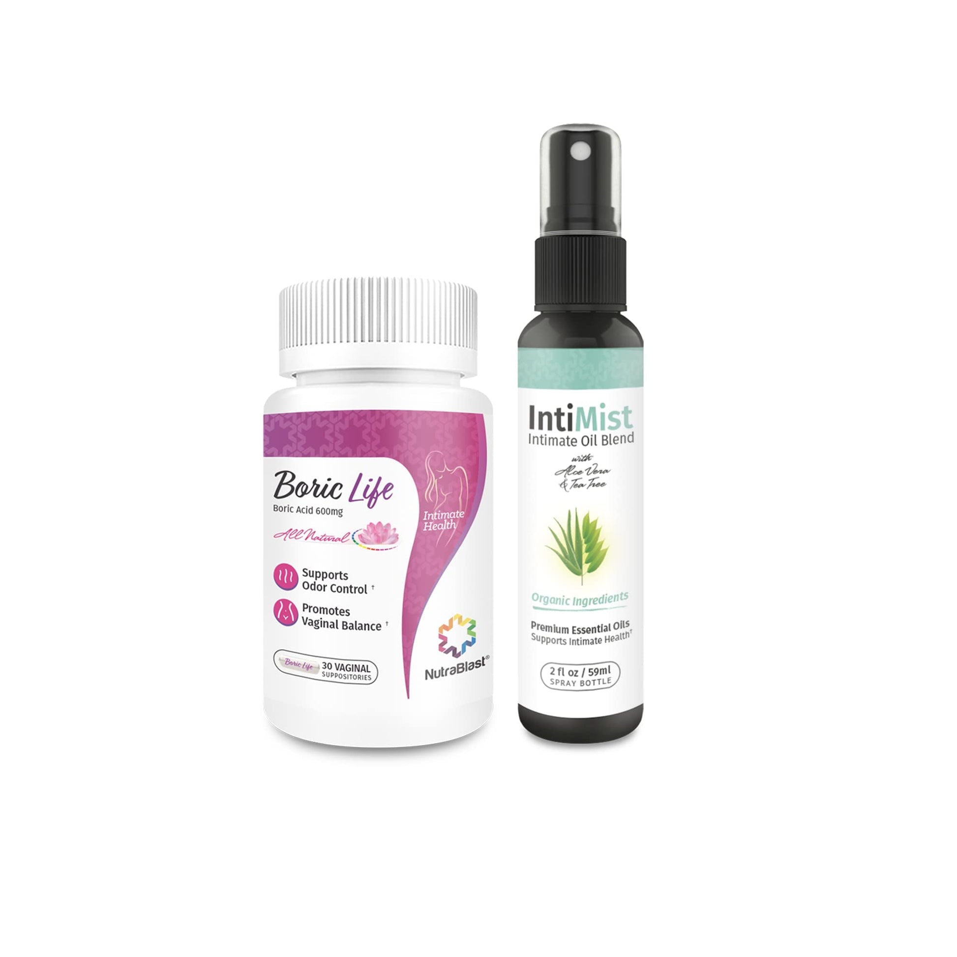 NutraBlast Boric Acid Vaginal Suppositories 600mg (30 Count) Bundle with Intimist Essential Oils Blend Spray (2 fl oz) - Maple Wellness Supplements
