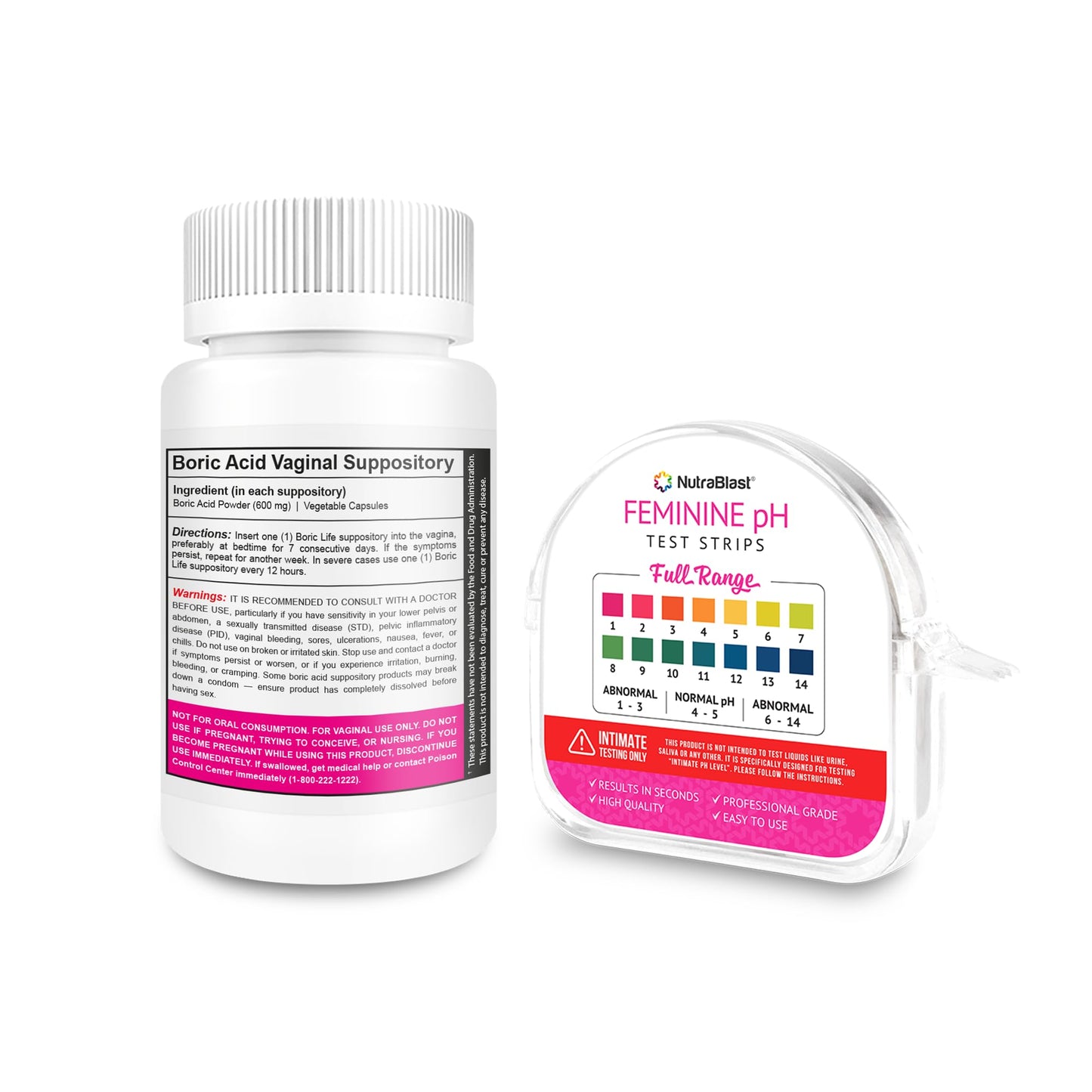 NutraBlast Boric Acid Vaginal Suppositories 600mg (30 Count) & Feminine pH Test Strips 1-14 (100-Tests Roll) | Monitor Feminine Intimate Health | Acidity & Alkalinity Balance - Maple Wellness Supplements