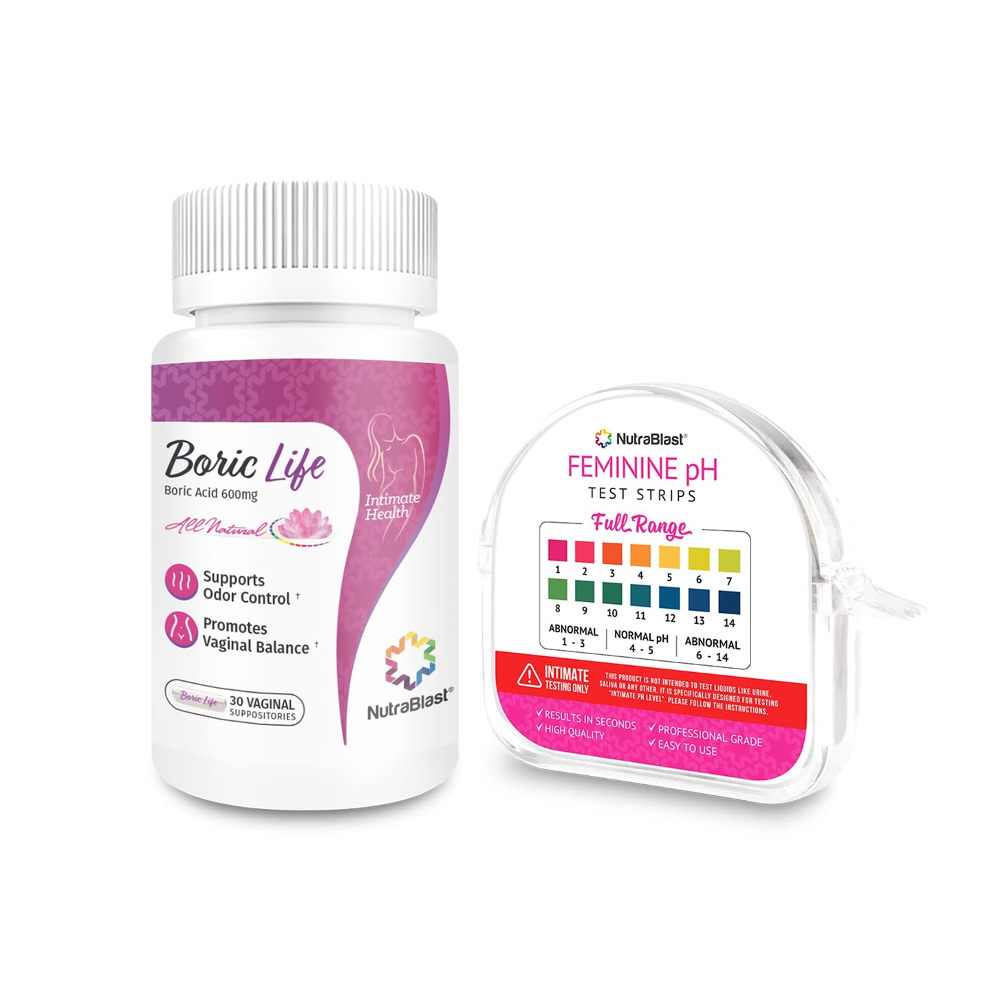 NutraBlast Boric Acid Vaginal Suppositories 600mg (30 Count) & Feminine pH Test Strips 1-14 (100-Tests Roll) | Monitor Feminine Intimate Health | Acidity & Alkalinity Balance - Maple Wellness Supplements
