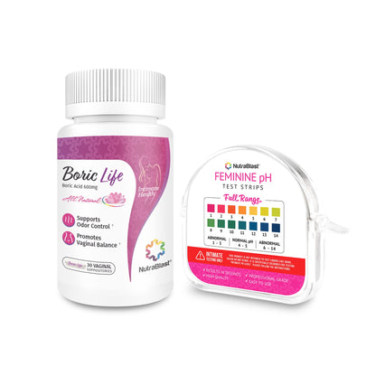 NutraBlast Boric Acid Vaginal Suppositories 600mg (30 Count) & Feminine pH Test Strips 1-14 (100-Tests Roll) | Monitor Feminine Intimate Health | Acidity & Alkalinity Balance - Maple Wellness Supplements